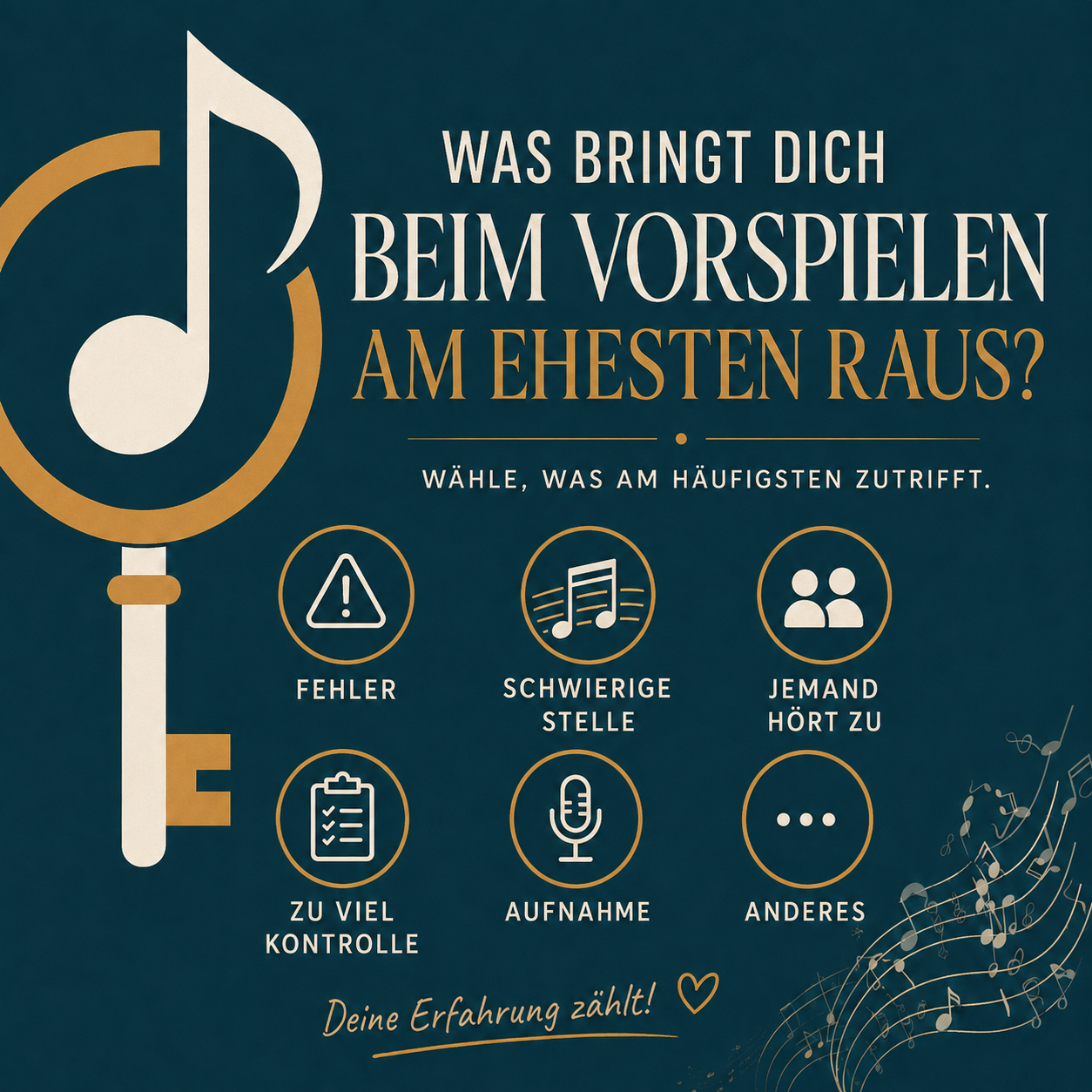 Grafik mit der Frage „Was bringt Dich beim Vorspielen am ehesten raus?“ und Auswahlmöglichkeiten wie Fehler, schwierige Stelle, Zuhörer:innen, Kontrolle und Aufnahme.